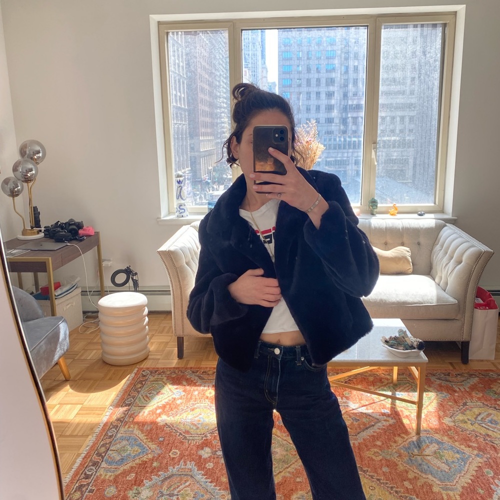 Blank NYC never worn crop faux fur jacket. Perfect for mid seasons color blue